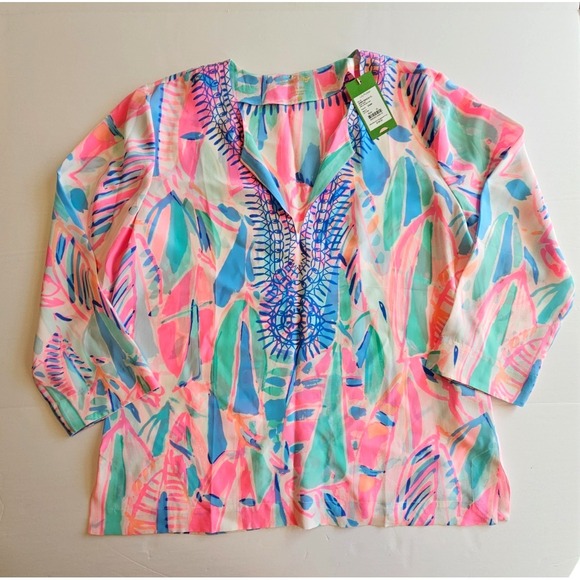 Lilly Pulitzer Tops - LILLY PULITZER Amelia Island Tunic Out to Sea 100% Silk Blouse Top‎ NWT SIZE XL
